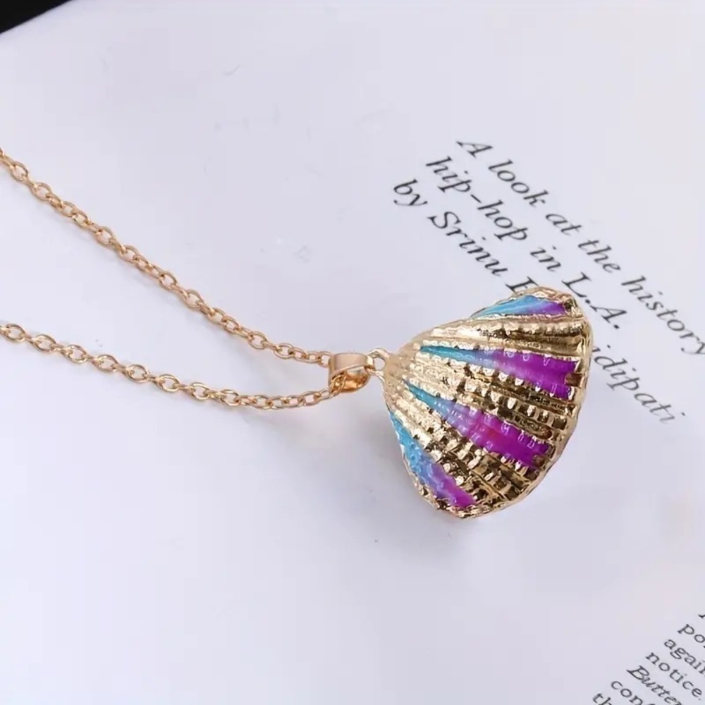 New 18k Gold Plated Blue & Pink Natural Scallop Shell Bohemian Boho Necklace